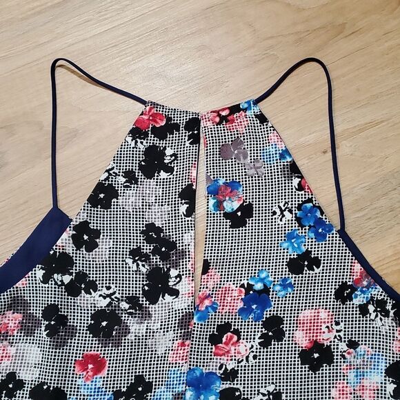 🔺️Express Blue & Floral Checkered Reversible Flowy Sleeveless Top Large - Picture 6 of 13